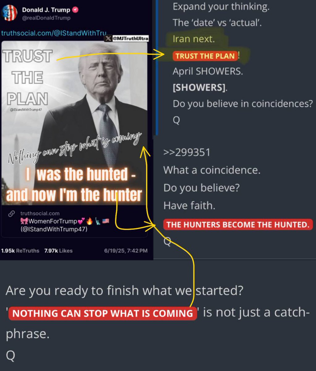 Oh my God… Did you see what President Trump posted? 👀 

“TRUST THE PLAN”, IRAN NEXT, The Hunters have become the Hunted! 

NOTHING CAN STOP WHAT IS COMING!

Drop a 🐸 if you know

ReTWEET
#NCSWICN #ITSTIMETOPULLTHEPLUG #RETURNTHEDIAMONDS
<a href="/ConnieKR016/">ckm114</a>