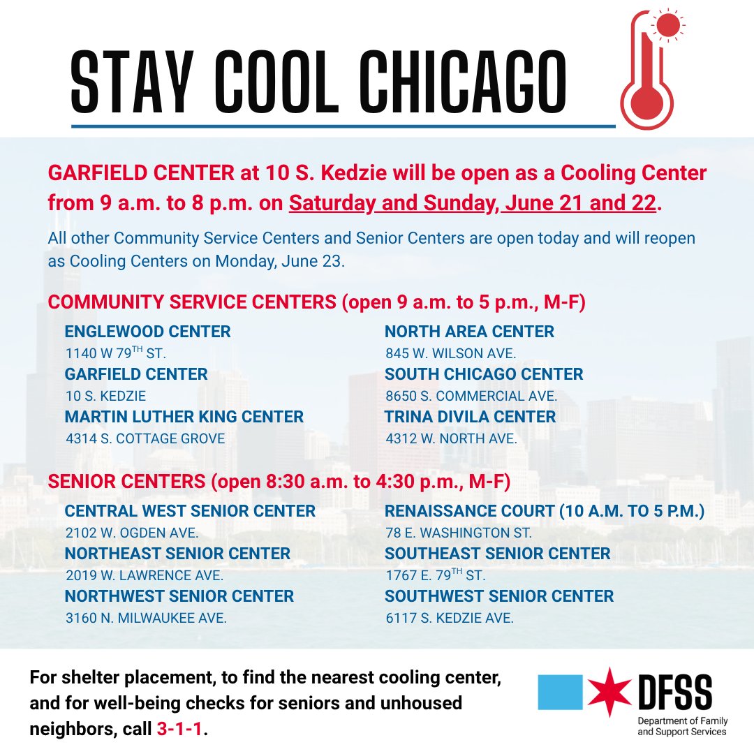 ChiFamSupport's tweet image. In response to this weekend's heat wave, the Garfield Community Service Center at 10 S. Kedzie will open as Cooling Center from 9 a.m. to 8 p.m. on Saturday and Sunday.
For a full list of citywide Cooling Center options, visit data.cityofchicago.org/Health-Human-S…
For more info, call 3-1-1!
