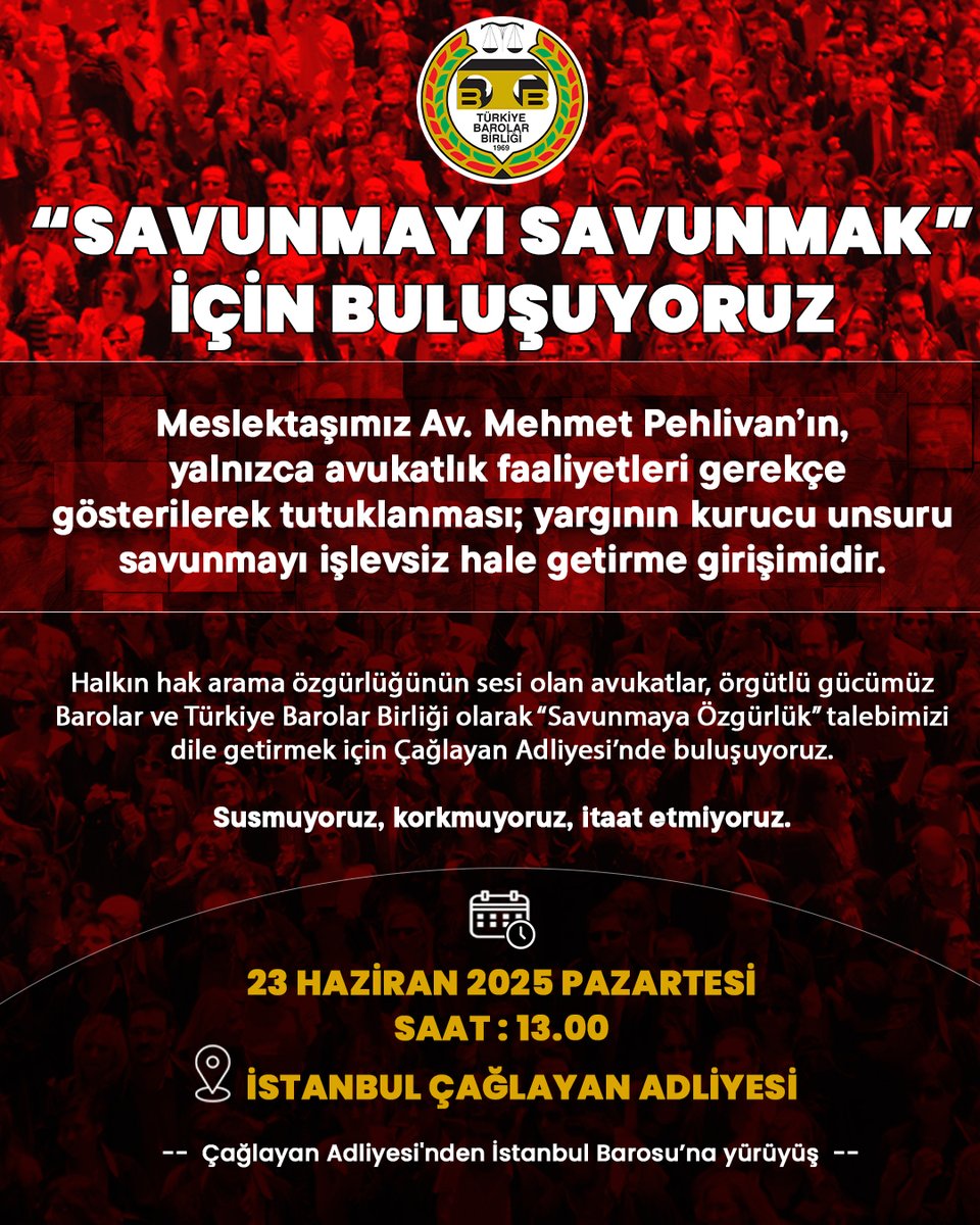“SAVUNMAYI SAVUNMAK” İÇİN BULUŞUYORUZ

Meslektaşımız Av. Mehmet Pehlivan’ın, yalnızca avukatlık faaliyetleri gerekçe gösterilerek tutuklanması; yargının kurucu unsuru savunmayı işlevsiz hale getirme girişimidir. 

Halkın hak arama özgürlüğünün sesi olan avukatlar, örgütlü gücümüz
