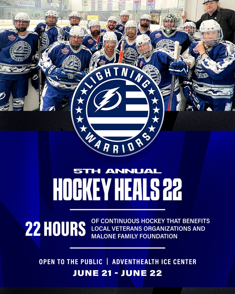x - Tampa Bay Lightning (@tblightning) on Twitter photo Join the <a href="/TampaWarriors/">Lightning Warriors</a> and <a href="/malonefamilyfdn/">Malone Family Foundation</a> this weekend for 22 hours of hockey!
⏰ June 21 at 2PM - June 22 at 12PM
📲 Virtual auction: tbl.co/HockeyHeals
⚡️ Proceeds benefit local veterans organizations and the Malone Family Foundation Join the <a href="/TampaWarriors/">Lightning Warriors</a> and <a href="/malonefamilyfdn/">Malone Family Foundation</a> this weekend for 22 hours of hockey!
⏰ June 21 at 2PM - June 22 at 12PM
📲 Virtual auction: tbl.co/HockeyHeals
⚡️ Proceeds benefit local veterans organizations and the Malone Family Foundation
