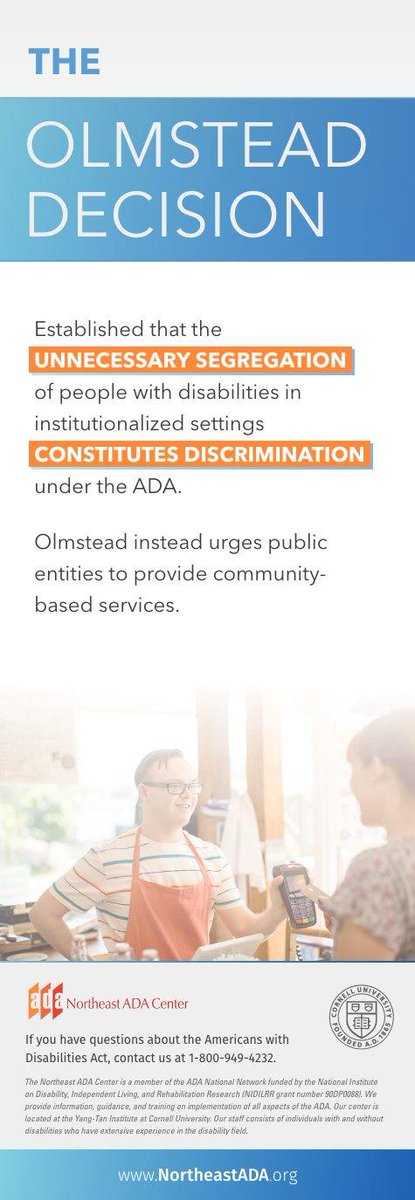 NortheastADA's tweet image. Today is the 26th Anniversary of the Olmstead Decision!

If you would like more information on the Olmstead Decision go to our website: northeastada.org/resource/olmst…

If you have questions about the Americans with Disabilities Act, contact us at 800-949-4232 #Olmstead
