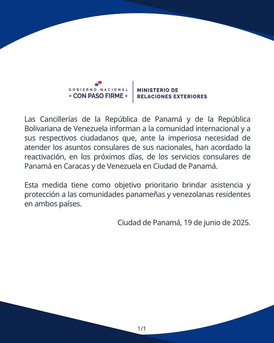 🇻🇪🇵🇦 La cancillería de #Panamá anunció que en los próximos días reactivarán los servicios consulares entre Panamá y #Venezuela, "ante la imperiosa necesidad de atender los asuntos consulares de sus ciudadanos”.