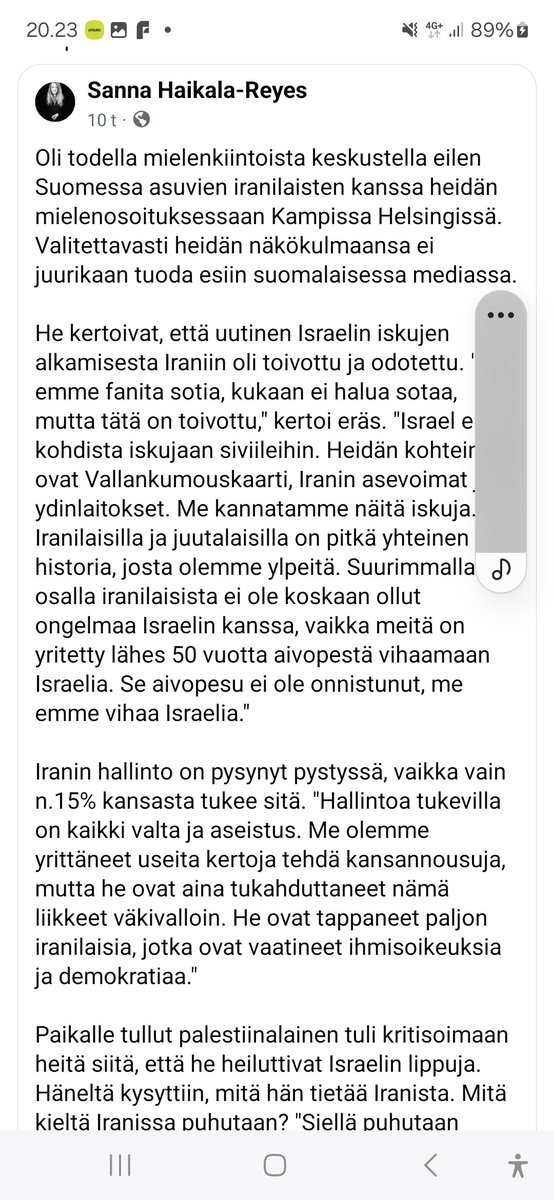 Sanna Haikala-Reyes kertoo Facessa keskusteluista iranilaisten kanssa.

Suomen valtamedia on harvinaisen hiljaa iranilaisten mielipiteistä, siitä, että iranilaiset kannattavat Israelin toimia.

1/3