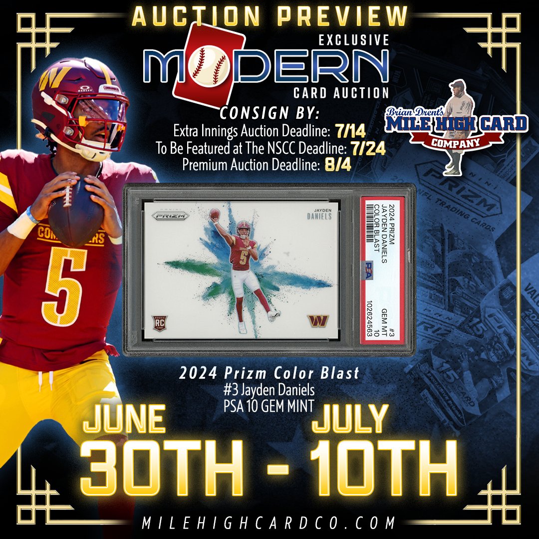 milehighcard's tweet image. MHCC is bringing the heat with an Exclusive Modern Card Auction running JUNE 30TH - JULY 10TH! π₯π
π¨ CONSIGNMENT DEADLINES: π¨
β‘οΈ July Extra Innings Auction: 7/14 β
β‘οΈ To Be Featured at The NSCC: 7/24 βΎ
β‘οΈ Summer Premium Auction: 8/4 βοΈ
#MHCC #whodoyoucollect #thehobby #PSA