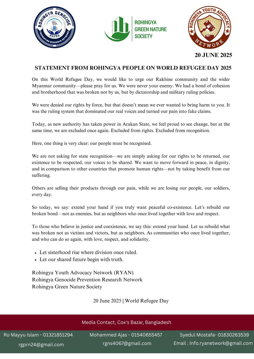 Statement from Rohingya people on World Refugee Day 2025

Let sisterhood rise where division once ruled. Let our shared future begin with truth.

- <a href="/RoGprn2024/">Rohingya Genocide Prevention Research Network</a> 
20 June 2025 | World Refugee Day