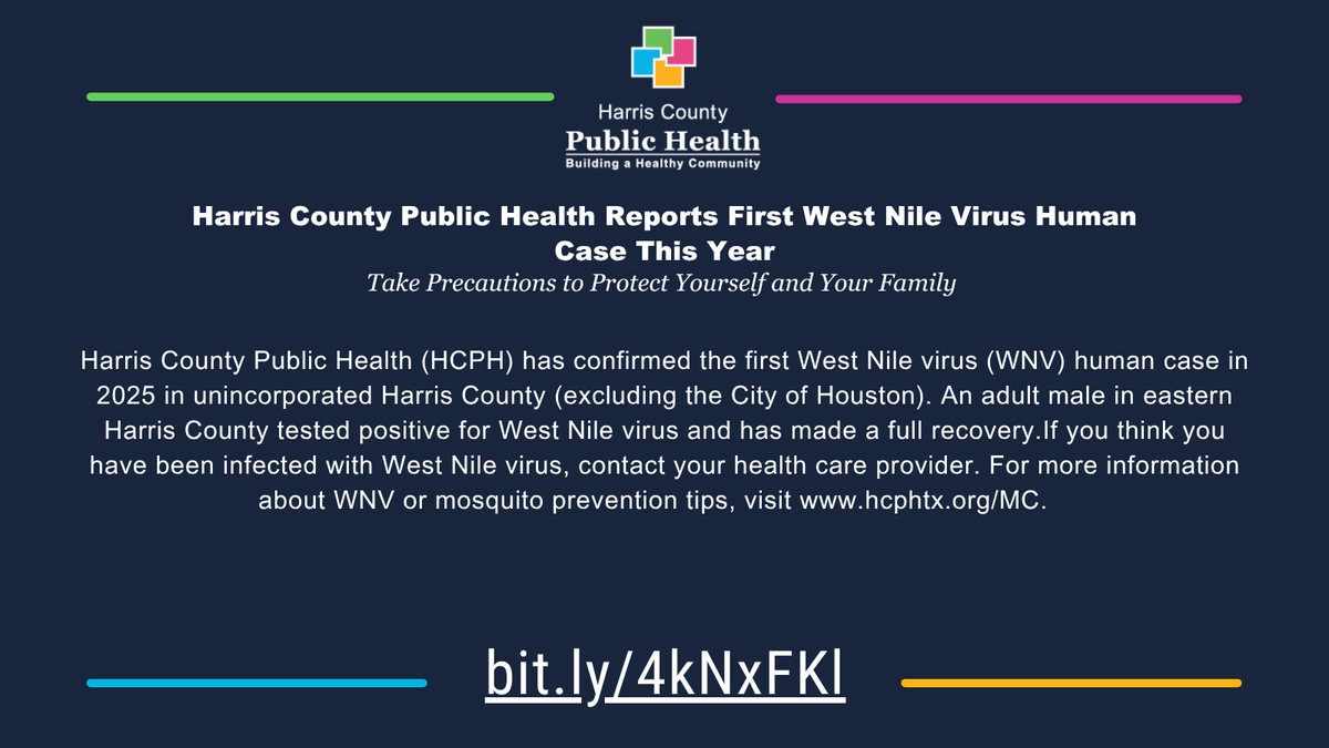 First Human Case of West Nile Virus Confirmed in Our Community! 🚨🦟
“We must take [mosquito-borne diseases] seriously and protect ourselves and our loved ones,” - Dr. Ericka Brown, HCPH’s Local Health Authority and Director of the Community Health and Wellness Division.

As