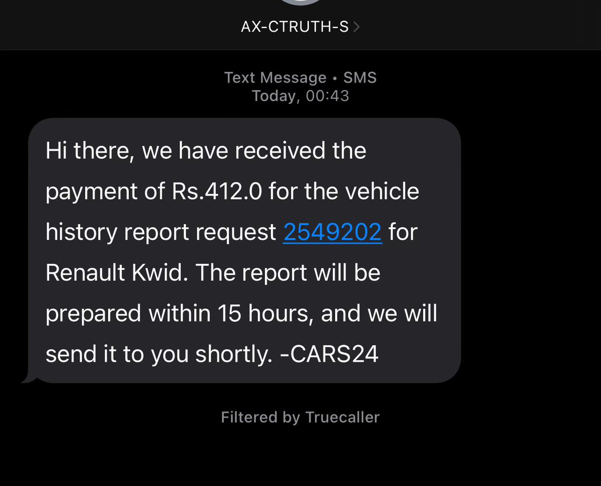 Rav3H34rt_516's tweet photo. @cars24india hey ! 
I have requested for a vehicle history report and haven't got it. 
It has been over 24 hours and I paid 416 rupees... Still no report! https://t.co/SDv7GV3isd