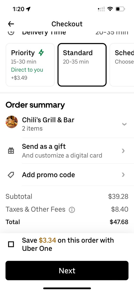 I understand business likes extra business, but I can’t get over $48 before tip for burger and an appetizer <a href="/Chilis/">Chili's Grill & Bar</a> using <a href="/UberEats/">Uber Eats</a> 
I miss the $10 lunch days. (And no, I refuse to order this for lunch when I have PB&amp;j available)
