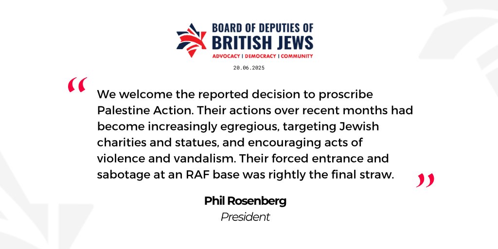 “We welcome the decision to proscribe Palestine Action. Their actions over recent months had become increasingly egregious, targeting Jewish charities and statues, and encouraging acts of violence and vandalism.” @philr_r

Our full statement: