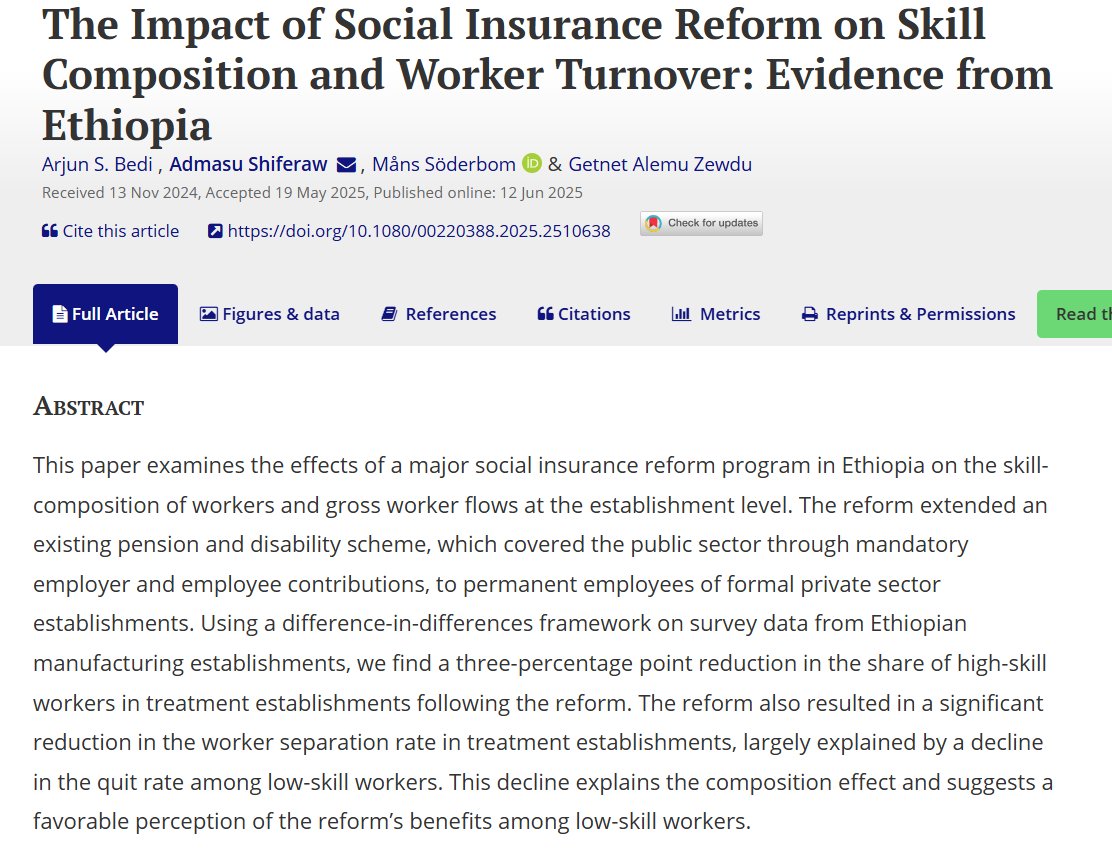 JDevStudies's tweet image. How does social insurance reform affect 🇪🇹’s workforce?
🆕research by Arjun S. Bedi et al. finds a decrease in the share of high-skill workers and reduced turnover, mainly due to fewer low-skill workers quitting.
Read more👉🏽: doi.org/10.1080/002203…
@erasmusuni
