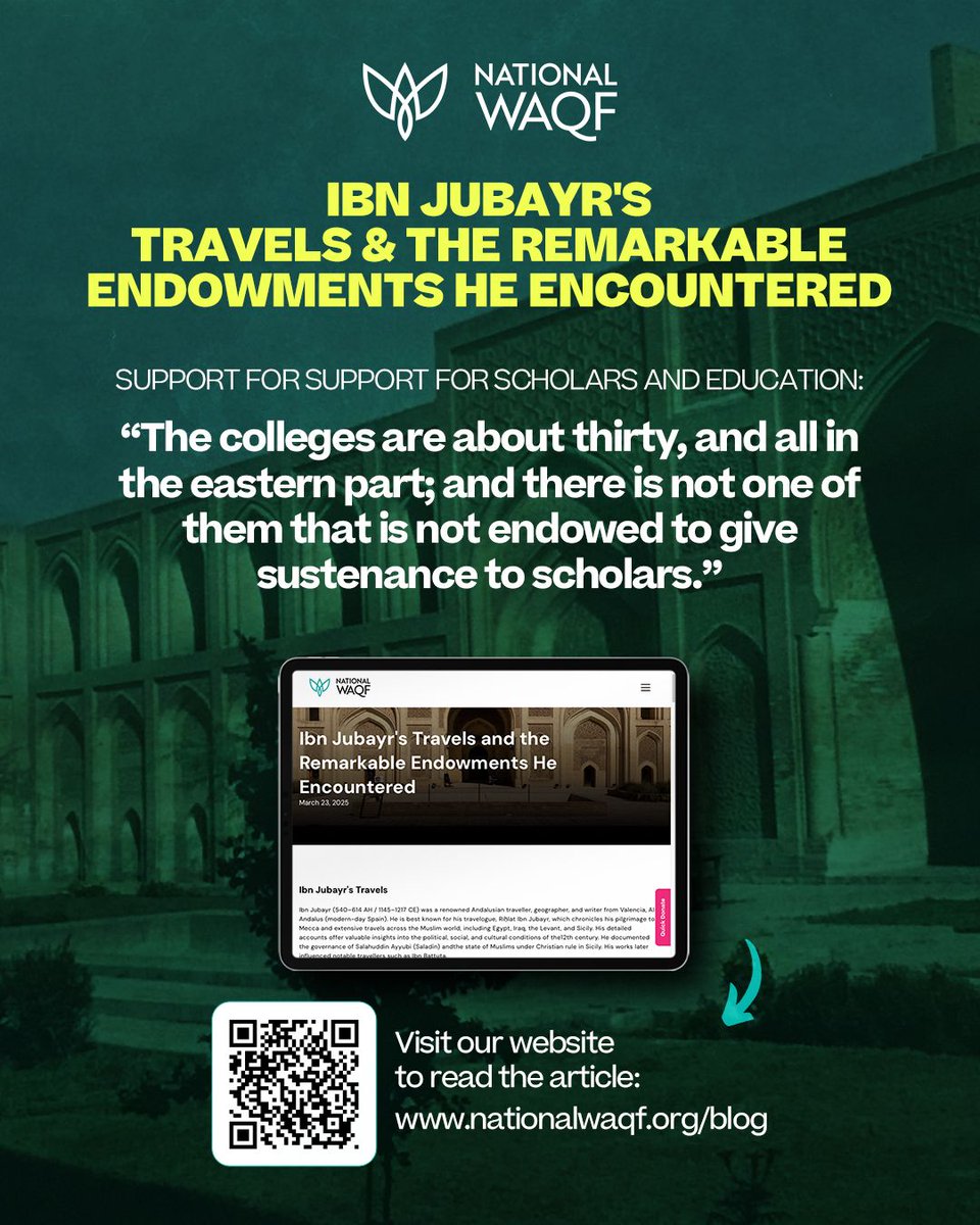 📚Ibn Jubayr's travels revealed something remarkable: entire regions where every single college was endowed to support scholars and education. Thirty colleges, all sustained by Waqf endowments.

Discover more from his incredible journey: nationalwaqf.org/blog