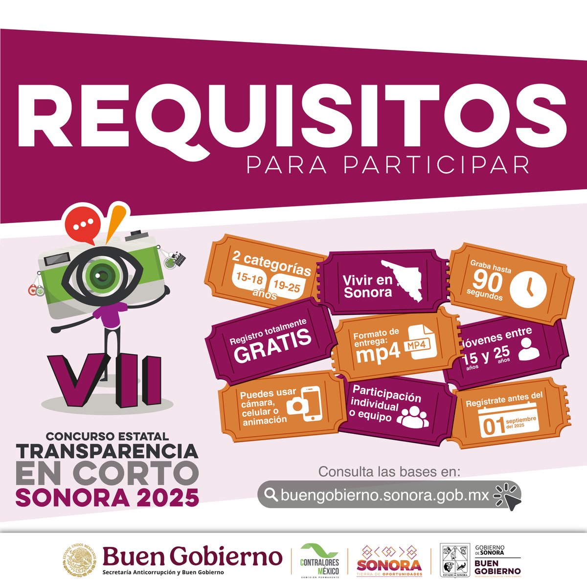 ¡Hey! Participa en el Concurso #TransparenciaEnCorto Sonora 2025, aquí te mostramos los requisitos. Recuerda que fomentando la transparencia y rendición de cuentas en un cortometraje, puedes ganar hasta 100 mil pesos.

➡️ Visita buengobierno.sonora.gob.mx para más información.