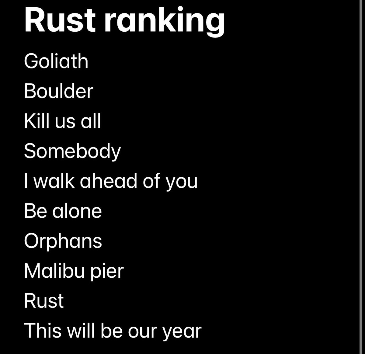 Rusts been out for 3 weeks and so far this is my ranking
All these songs are amazing and will probably keep changing
Zero_one still changes for me