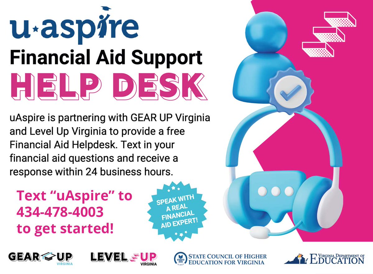 uAspire is now providing a free Financial Aid Helpdesk for Virginia Peninsula students! Text in your financial aid questions to “uAspire” at 434-478-4003 to get started and receive a response within 24 business hours! #financialaid #vpccva #gatorfamily