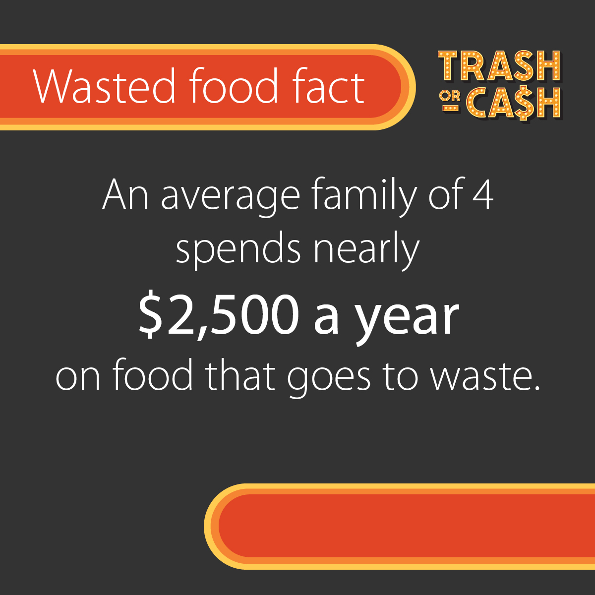 How much money are you leaving on the table? Families of 4 spend nearly $2,500 per year on wasted food. Decide what you prefer - trash, or cash! Mindfully planning your summer gatherings can have a big impact on your wallet and on the planet. Find more at trashorcash.org