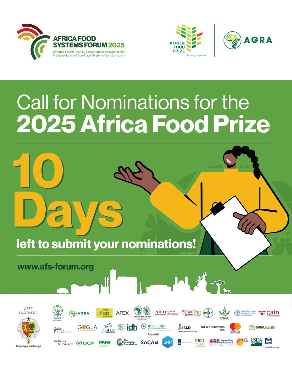 AFS Forum (@theagrf) on Twitter photo Only 10 days left to put forward visionary leaders, innovators, and changemakers who are transforming Africa’s agri-food systems! 
The Africa Food Prize #AFP2025 celebrates groundbreaking contributions to sustainable agriculture, food security, and economic growth across the Only 10 days left to put forward visionary leaders, innovators, and changemakers who are transforming Africa’s agri-food systems! 
The Africa Food Prize #AFP2025 celebrates groundbreaking contributions to sustainable agriculture, food security, and economic growth across the