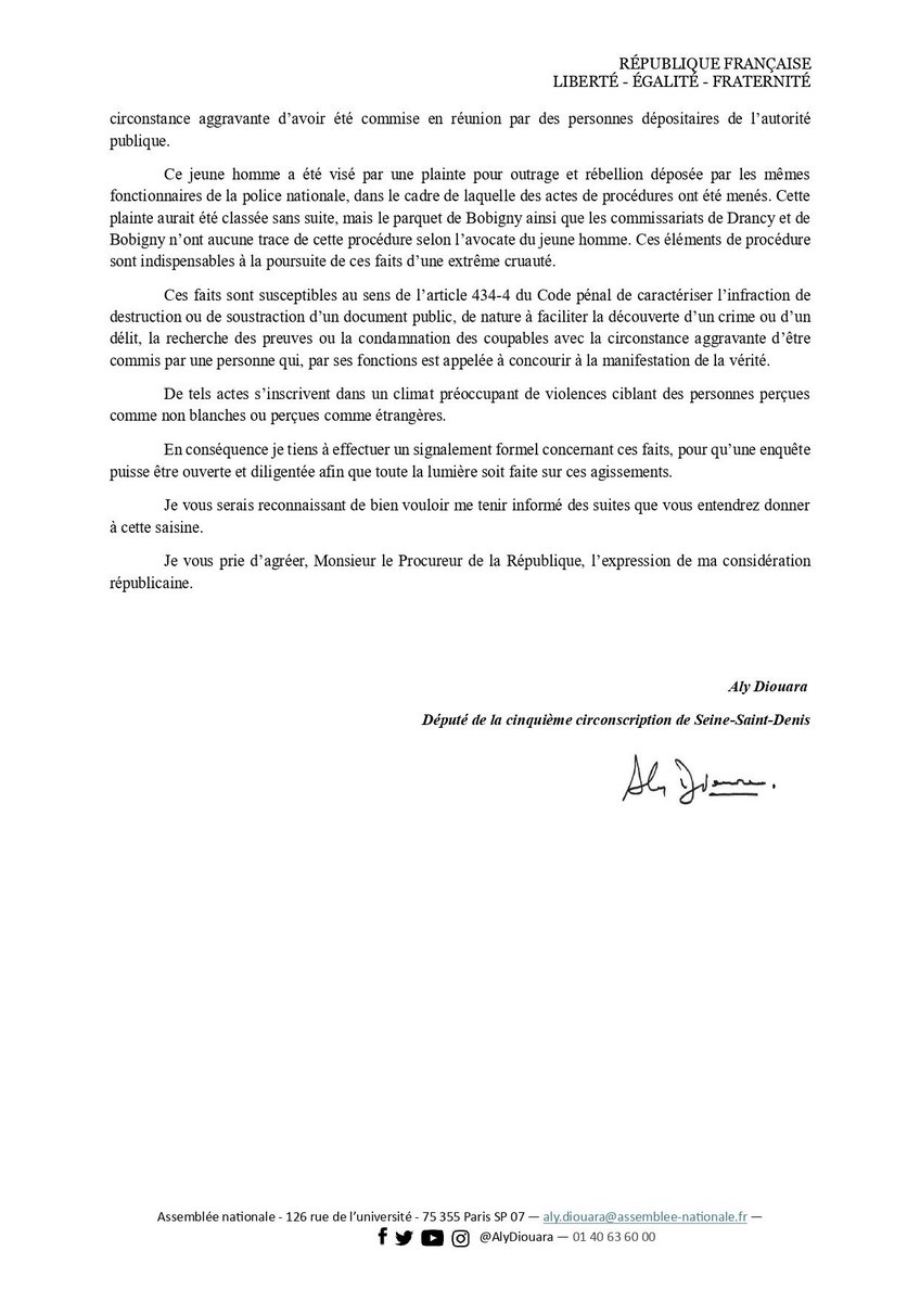 🔴 Suite à ces violences policières d’une extrême gravité révélées par <a href="/streetpress/">StreetPress</a>, j’ai décidé de saisir le Procureur de la République au titre de l’article 40 du Code de procédure pénale.

Tout mon soutien à Adil, énième victime de violences policières illégitimes.