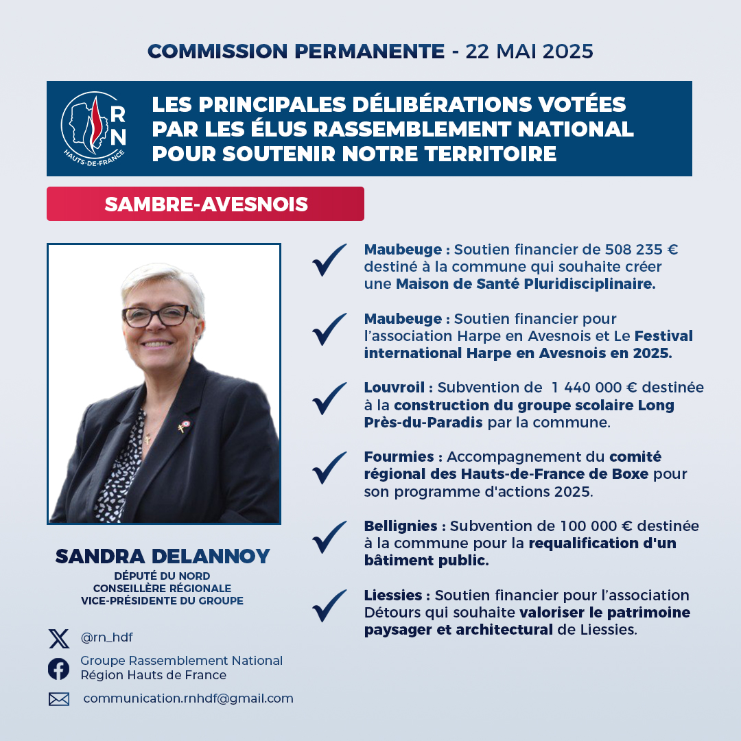 🔵 Voici les principales délibérations votées en commission permanente par les élus Rassemblement National pour soutenir le territoire de la Sambre-Avesnois.