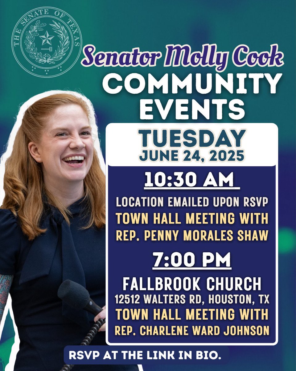 We’re teaming up with State Representatives Penny Morales Shaw  and Charlene Ward Johnson to talk about the 89th Legislative Session and what it means for our communities. RSVP at linktr.ee/mollyfortexas and join us Tuesday, June 24, at a town hall near you!