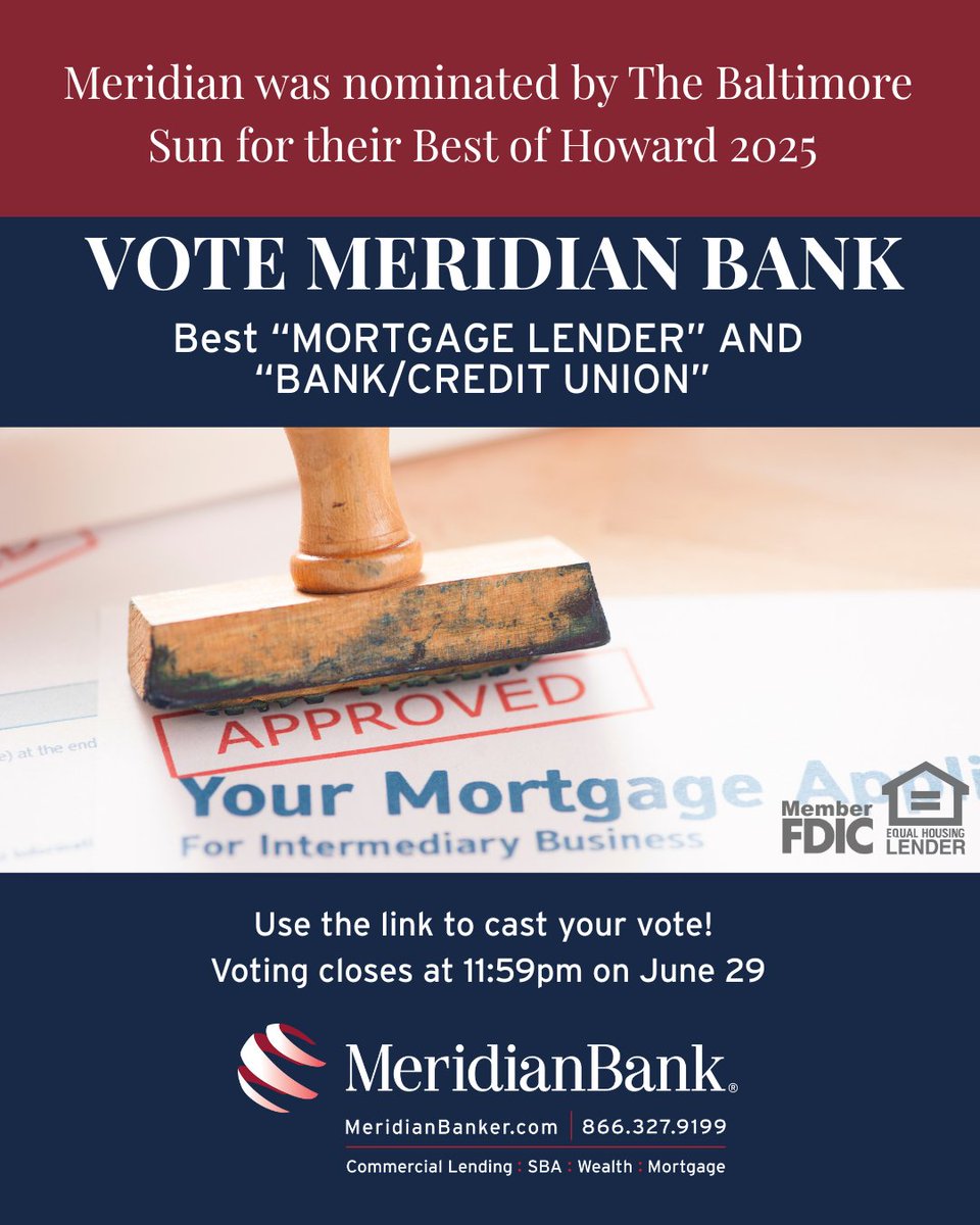 Please cast a vote for Meridian in the Bank and Mortgage Lender categories! 
#BestofHoward 

baltimoresun.secondstreetapp.com/Best-of-Howard…