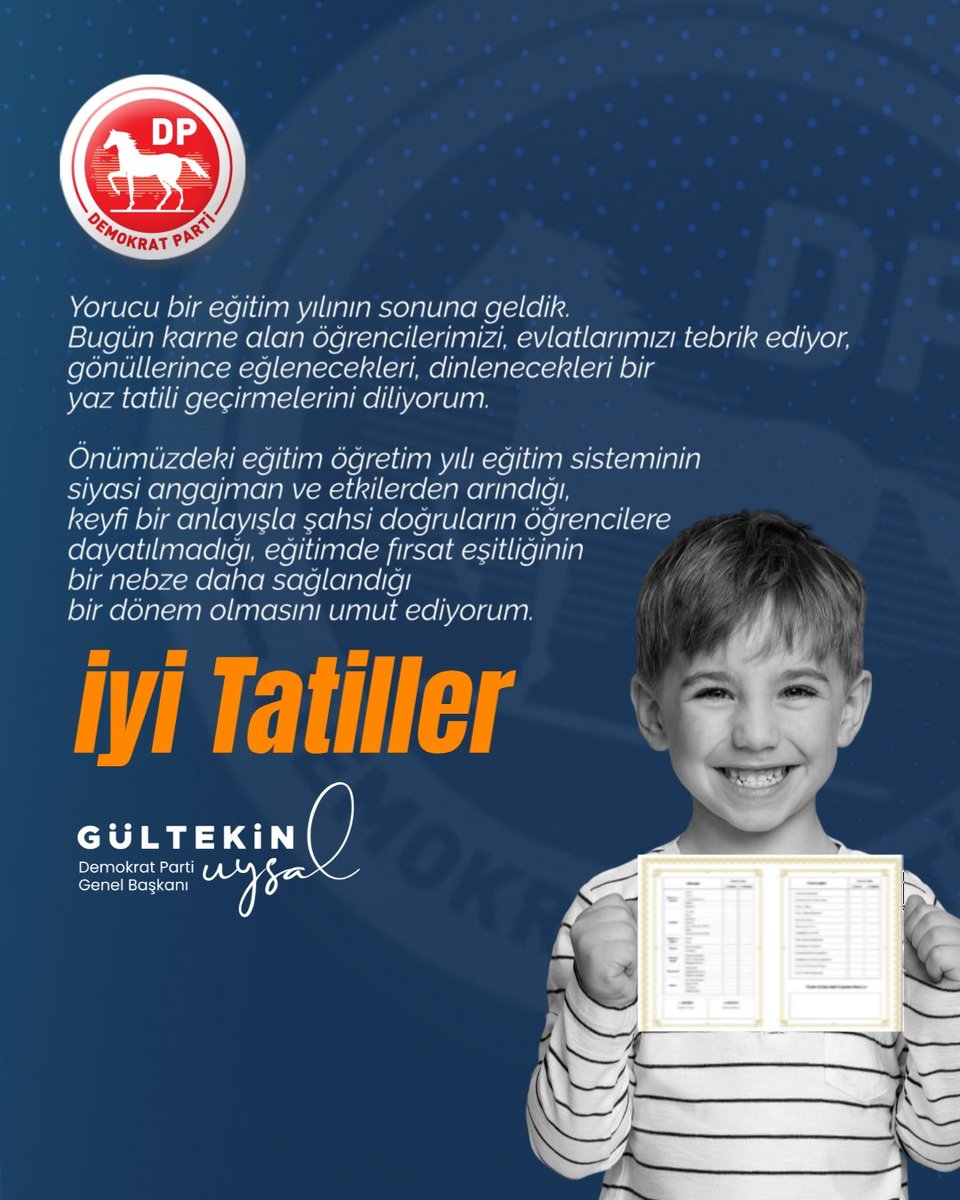 Yorucu bir eğitim yılının sonuna geldik.
Bugün karne alan öğrencilerimizi, evlatlarımızı tebrik ediyor, gönüllerince eğlenecekleri, dinlenecekleri bir yaz tatili geçirmelerini diliyorum.

Önümüzdeki eğitim öğretim yılı eğitim sisteminin siyasi angajman ve etkilerden arındığı,