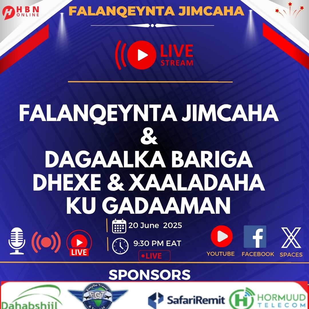 Barnaamijka Falanqeyta Jimcaha caawa waxaan ku eegi doonnaa Dagaalka Bariga Dhexe, Xaaladaha Ku Gadaaman, Saameynta Geeska Afrika &amp; Soomaaliya.
Nagu soo biir 9:30-ka fiidnimo saacada Geeska Afrika haddii ALLE idmo.