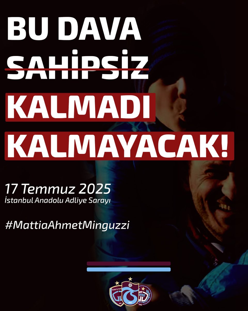 Bu dava sahipsiz kalmadı, kalmayacak! Mattia Ahmet Minguzzi kardeşimizin ailesinin yanında, bu davanın da peşinde olduğumuzu bir kez daha hatırlatırız..

17 Temmuz 2025, saat 10.00'da bugünden daha güçlü şekilde İstanbul Anadolu Adliyesi'nde görüşmek üzere..

#GurbetçiGençler