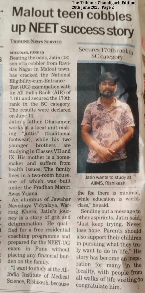 From a humble home in Malout to NEET triumph! 🎉
Jatin, a proud alumnus of JNV Warring Khera, has cracked NEET-UG 2025 with flying colours and is likely headed to AIIMS Rishikesh
A shining example of grit, dreams, and the unstoppable Navodaya spirit 👏
#NavodayaPride #NEETSuccess