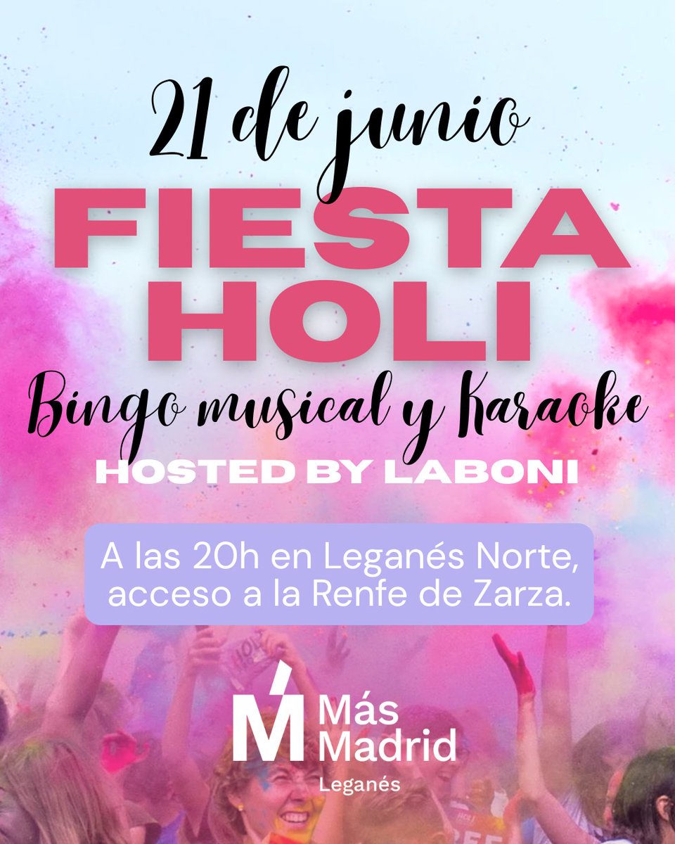 Carlos Poblete (@poblete_mmlega) on Twitter photo No te olvides. Mañana a la Fiesta Holi que en Leganés Norte y por San Juan, organizamos desde <a href="/MasMadLeganes/">Más Madrid Leganés</a> No te olvides. Mañana a la Fiesta Holi que en Leganés Norte y por San Juan, organizamos desde <a href="/MasMadLeganes/">Más Madrid Leganés</a>