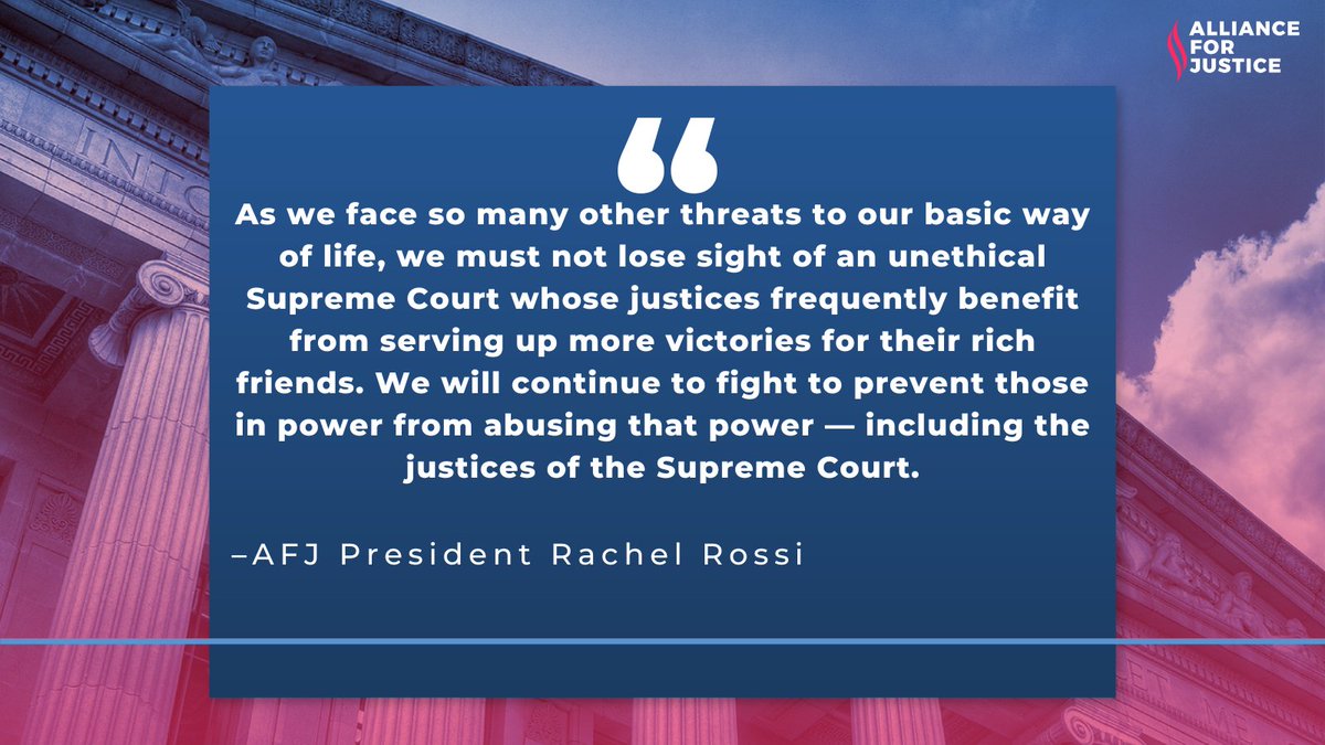 Today's six new opinions had a prevalent theme from the conservative majority — handing more power to the richest and already powerful while gutting legal protections for those most vulnerable. Our full statement: afj.org/article/suprem…