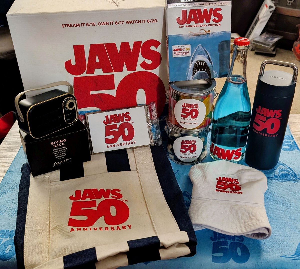 HorrorDNA.com (@horrordna) on Twitter photo JAWS is 50, and I'm ready to go back in the water. Thanks to <a href="/peacock/">Peacock</a>, <a href="/UniAllAccess/">Universal All-Access</a>, & <a href="/nbc/">NBC Entertainment</a> for prepping my beach holiday with this #JAWS50 anniversary package. Now streaming on Peacock, a 50th Anniversary 4K/Blu-ray, and airing on NBC 6/20 with brand new Spielberg introduction! JAWS is 50, and I'm ready to go back in the water. Thanks to <a href="/peacock/">Peacock</a>, <a href="/UniAllAccess/">Universal All-Access</a>, & <a href="/nbc/">NBC Entertainment</a> for prepping my beach holiday with this #JAWS50 anniversary package. Now streaming on Peacock, a 50th Anniversary 4K/Blu-ray, and airing on NBC 6/20 with brand new Spielberg introduction!