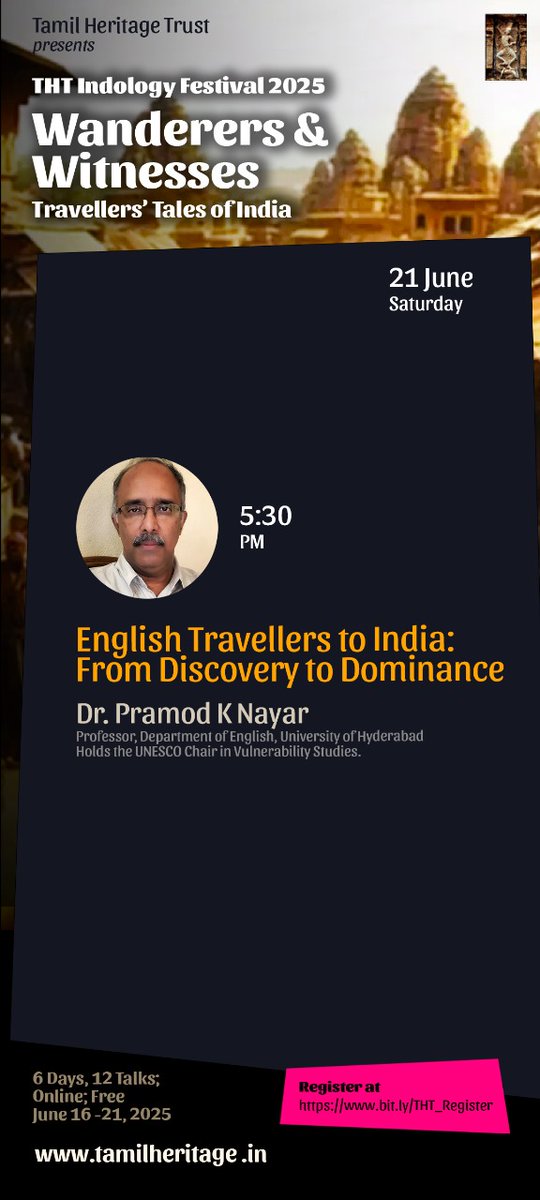 FINAL DAY (21-Jun, Sat) of THT Indology Festival 25

5:30 pm : Dr. Pramod Nayar speaks on English travellers to India

youtube.com/watch?v=L22D9j…

#THTIndoFest25