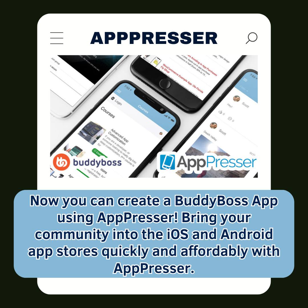 Turn your WordPress community into a social mobile app with AppCommunity! Integrate #BuddyPress or #BuddyBoss into your app using #AppCommunity—a powerful tool that lets AppPresser users create social apps that feel like Instagram or Facebook.

Learn more: apppresser.com/features/buddy…
