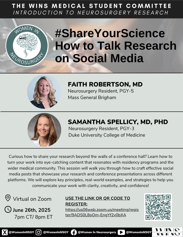 WomenInNSGY's tweet image. Curious how to translate your research into compelling social media content? Please join us for our upcoming event, "#ShareYourScience: How to Talk Research on Social Media" with Dr. Samantha Spellicy and Dr. Faith Robertson, next Thursday, June 26th at 7 PM CT!