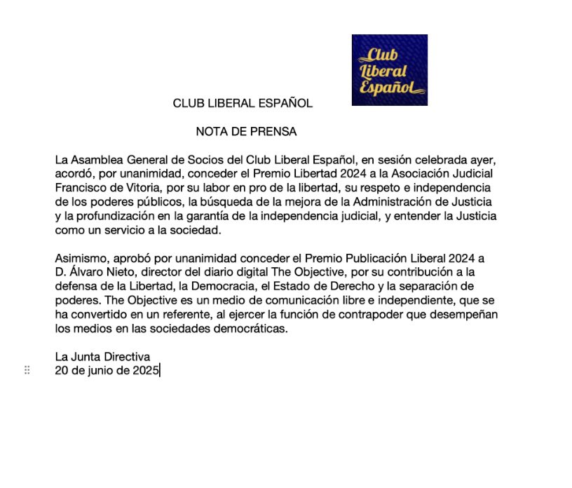 Club Liberal Español (@clubliberalesp) on Twitter photo La Asamblea del <a href="/ClubLiberalEsp/">Club Liberal Español</a> aprobó ayer, por unanimidad, conceder los Premios Libertad 2024 a la Asociación Jurídica Francisco de Vitoria y Publicación Liberal 2024 a <a href="/alvaronieto/">Álvaro Nieto</a>, director de <a href="/TheObjective_es/">THE OBJECTIVE</a>. En la Nota de prensa adjunta figura la motivación. La Asamblea del <a href="/ClubLiberalEsp/">Club Liberal Español</a> aprobó ayer, por unanimidad, conceder los Premios Libertad 2024 a la Asociación Jurídica Francisco de Vitoria y Publicación Liberal 2024 a <a href="/alvaronieto/">Álvaro Nieto</a>, director de <a href="/TheObjective_es/">THE OBJECTIVE</a>. En la Nota de prensa adjunta figura la motivación.