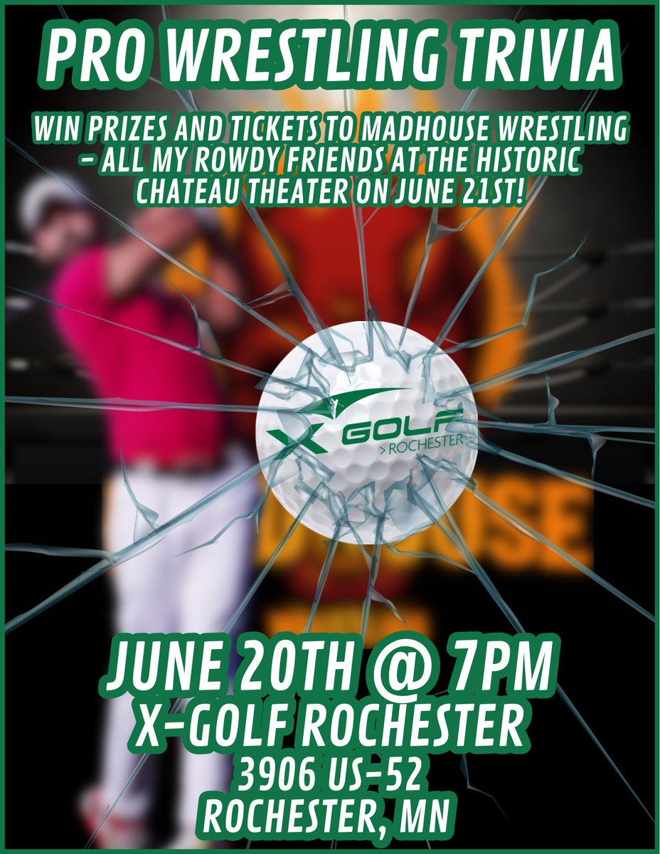 2countshow's tweet image. Tonight begins @MADHOUSESLAMS weekend in #rochestermn with wrestling #trivia tonight at @xgolfmn with the last two front row seats up for grabs! Other sweet prizes and madhouse talent will be in the house! See you tonight #rochester_mn!