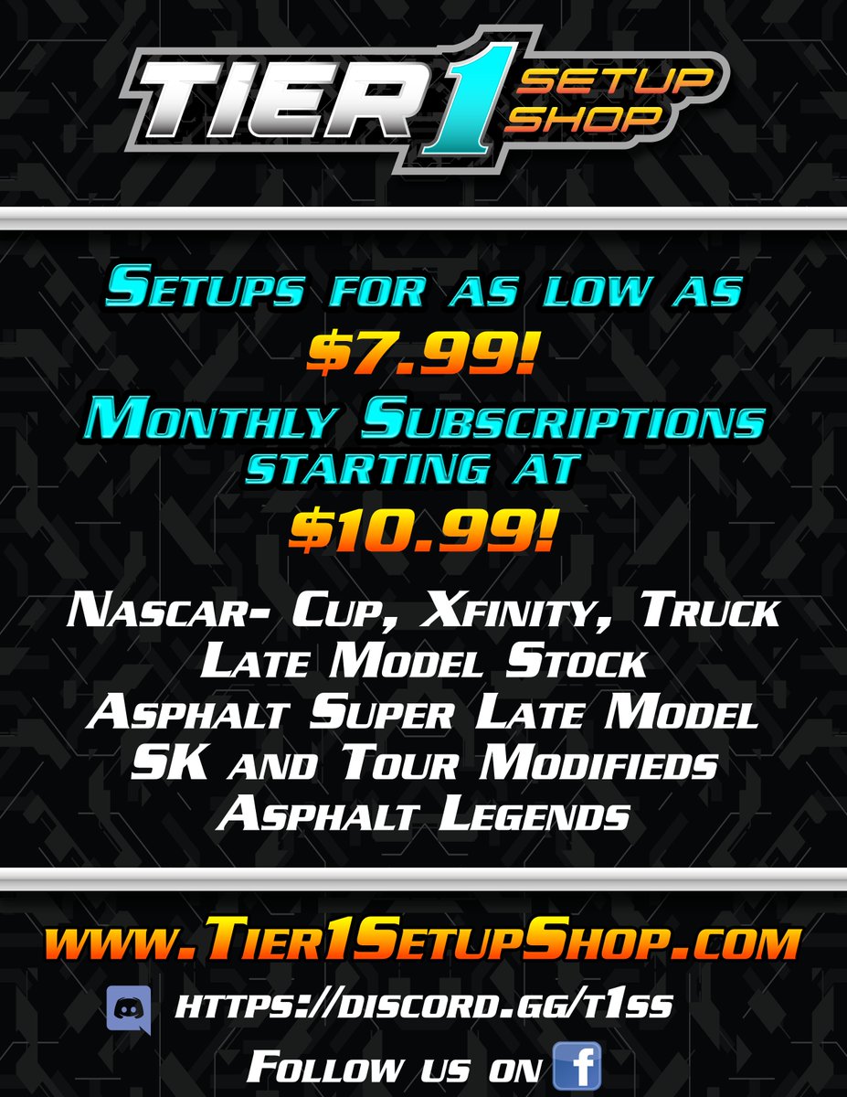 Tier1SetupShop's tweet photo. 🏁 Tier 1 Setup Shop Launch Giveaway! 🏁
🎉 Win a Month of FREE Setups from Tier 1 Setup Shop! 🎉

To celebrate the launch of Tier 1 Setup Shop, we’re giving one lucky racer FREE access to our entire setup catalog for 1 month! Perfect for league racing, officials, or just dialing in your speed.

How to Enter:
✅ Like & Share this post

✅ Follow us on social media:
🔗 Facebook: Tier 1 Setup Shop
🔗 X (Twitter): @Tier1SetupShop
✅ Comment your favorite car and track combo
🔁 Bonus Entry:
Use promo code T1SS at checkout for 30% off your first purchase.
Post a screenshot of your receipt in the comments for +2 extra entries!

🗓 Giveaway Ends: June 30th at 8 PM EST
🏆 Winner will be announced on Discord and social media!