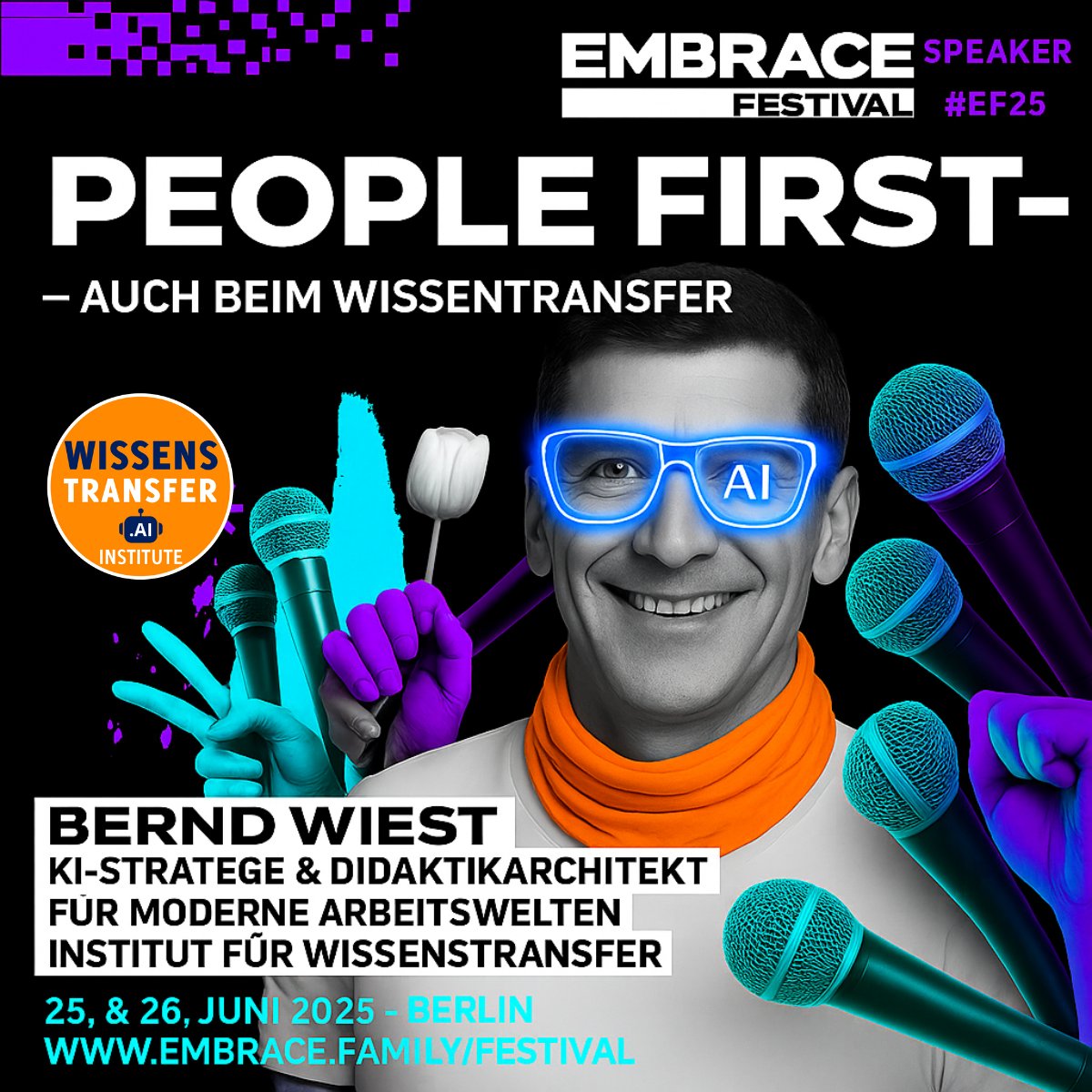 T-5 #EF25: People First – auch bei Wissenstransfer. 🎤 wissenstransfer.institute zeigt, wie man Pflichtschulungen in 3 Minuten ans Team bringt – per QR-Code &amp; KI.
25.06./16:30 pm/MINDSPACE Stage/Embrace Festival
„𝗪𝗶𝘀𝘀𝗲𝗻 𝘁𝗼 𝗴𝗼 – 𝗙𝘂̈𝗿 𝗮𝗹𝗹𝗲, 𝗱𝗶𝗲 𝗮𝗻𝗽𝗮𝗰𝗸𝗲𝗻.“