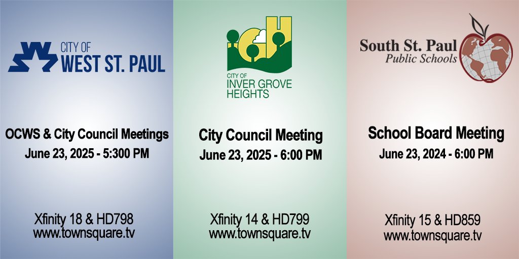 Live Tonight: <a href="/WestStPaul/">City of West St Paul</a> &amp; <a href="/CityofIGHmn/">City of IGH</a> Council meetings and <a href="/SSPPS6/">South St. Paul Public Schools</a> School Board on TV and streaming at townsquare.tv/webstreaming!