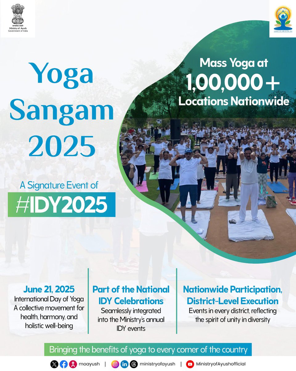 ICMR - National Institute of Nutrition (@icmrnin) on Twitter photo YogaSangam2025 #IDY2025 on 21st June, in 1 lakh+ locations across India.
Let’s unite in breath, movement & spirit
Prepare to participate in the movement
#IDY2025 #YogaForOneEarthOneHealth #InternationalDayofYoga2025 #InternationalDayofYoga
<a href="/PMOIndia/">PMO India</a> <a href="/narendramodi/">Narendra Modi</a> <a href="/mpprataprao/">Prataprao Jadhav</a> YogaSangam2025 #IDY2025 on 21st June, in 1 lakh+ locations across India.
Let’s unite in breath, movement & spirit
Prepare to participate in the movement
#IDY2025 #YogaForOneEarthOneHealth #InternationalDayofYoga2025 #InternationalDayofYoga
<a href="/PMOIndia/">PMO India</a> <a href="/narendramodi/">Narendra Modi</a> <a href="/mpprataprao/">Prataprao Jadhav</a>