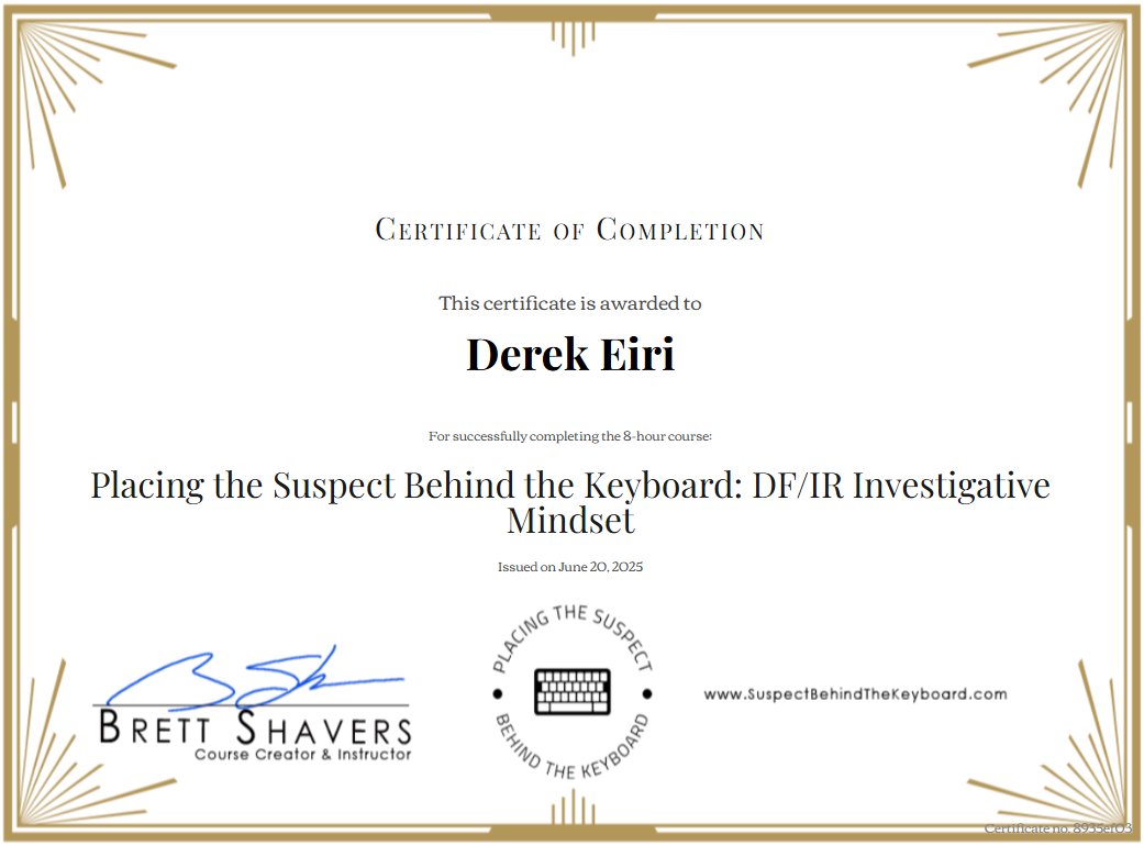 derek eiri 👻 (@mreerie) on Twitter photo Having previously read and marked up my copy of the <a href="/PSBK4n6/">Placing the Suspect Behind the Keyboard</a>: DFIR Investigative Mindset, listening to <a href="/Brett_Shavers/">Brett Shavers 🙄</a> and noting additional/supplemental information in his OnDemand course since the book's publication was time well spent. Having previously read and marked up my copy of the <a href="/PSBK4n6/">Placing the Suspect Behind the Keyboard</a>: DFIR Investigative Mindset, listening to <a href="/Brett_Shavers/">Brett Shavers 🙄</a> and noting additional/supplemental information in his OnDemand course since the book's publication was time well spent.