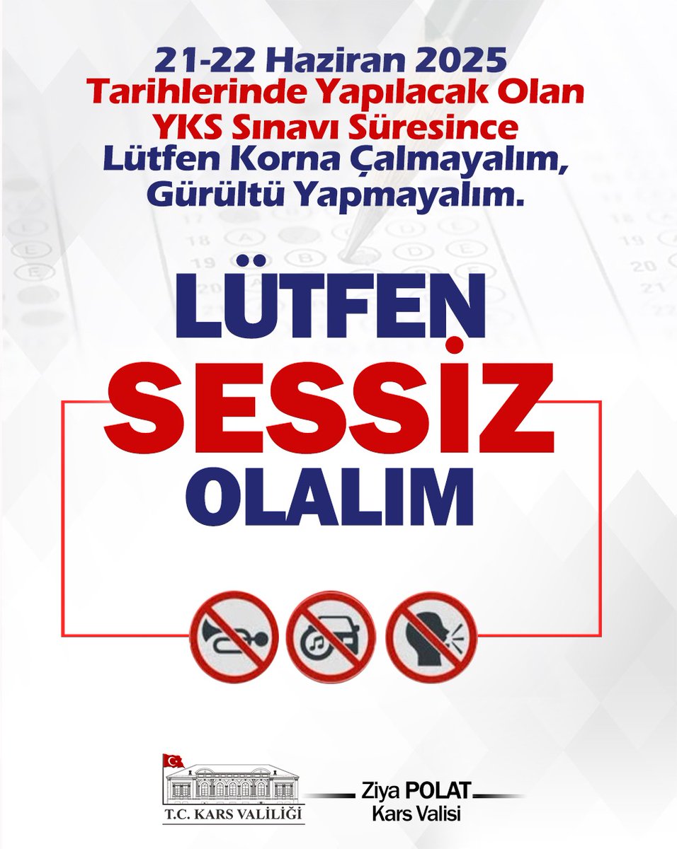 Kıymetli Vatandaşlarımız; 

21-22 Haziran 2025 tarihlerinde yapılacak olan ve öğrencilerimizin eğitim hayatlarının dönüm noktalarından Yüksek Öğretim Kurumları Sınavı (YKS) süresince sınav merkezleri çevrelerinde lütfen korna çalmayalım, gürültü yapmayalım.  

Sessiz ol 🤫🤫🤫