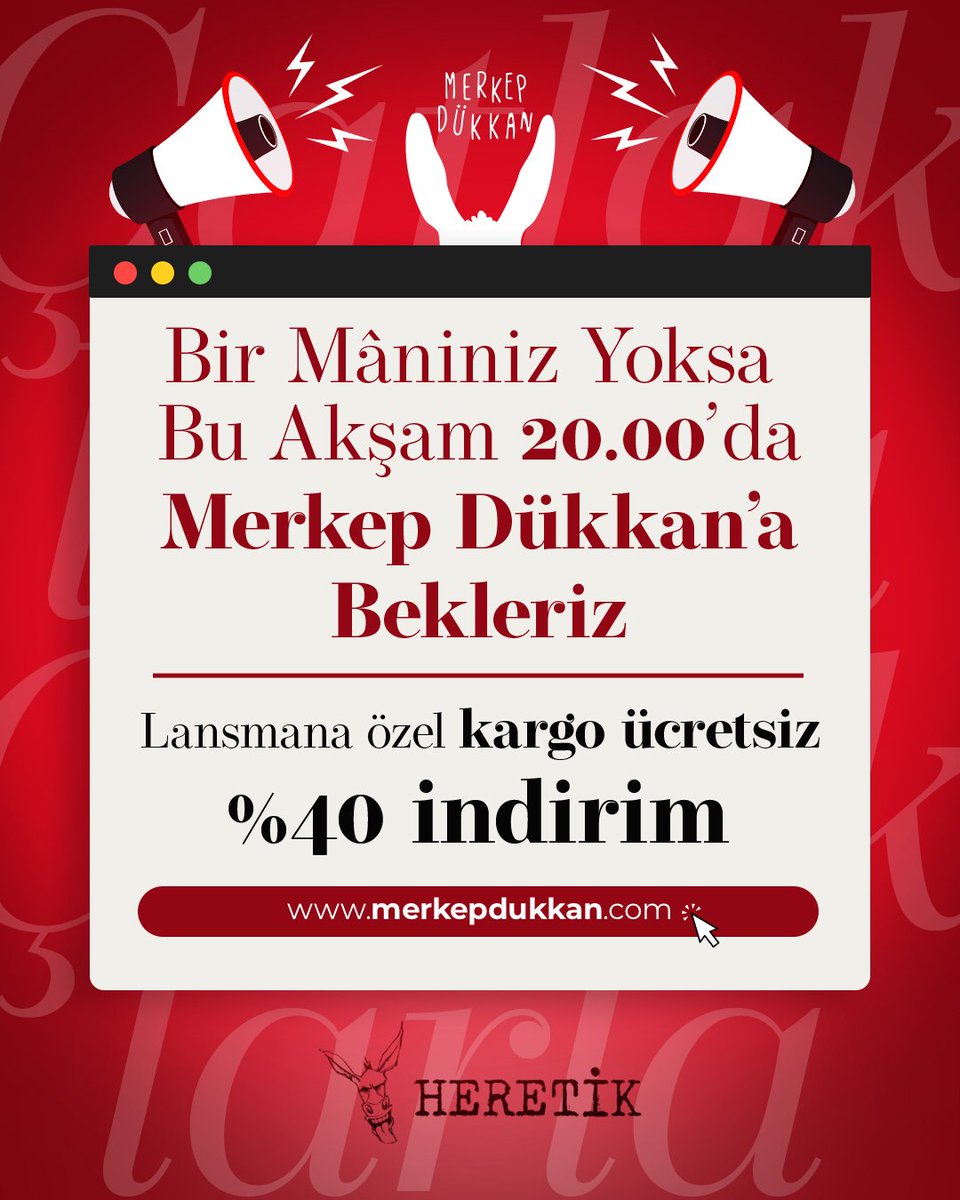 Buluşmaya geç geldik, zira çalışmalar ancak bitti! Merkep'in artık doğrudan satış platformu var. Aracılara ve dağıtım tekellerine son! Doğrudan bizden sizlere. Böyle olunca ne olacak? Bir kere sizler kitapları çok daha uygun rakamlarla alacaksınız. Mesela şu anda hemen yüzde 40