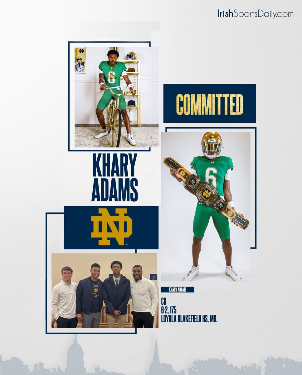 Matt Freeman (@mattfreeman05_) on Twitter photo BREAKING | 2026 Loyola Blakefield (Md.) four-star CB Khary Adams has committed to Notre Dame.
irishsportsdaily.com/s/25717 BREAKING | 2026 Loyola Blakefield (Md.) four-star CB Khary Adams has committed to Notre Dame.
irishsportsdaily.com/s/25717