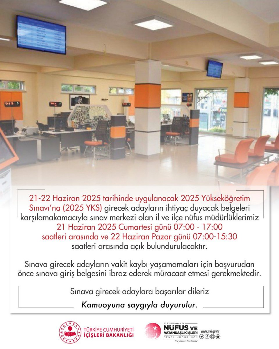 ✍️ Cumartesi ve Pazar Günü gerçekleştirilecek Yükseköğretim Kurumları Sınavı (YKS) için nüfus müdürlüklerimiz açık olacaktır.

‼️İşlemler randevusuz olarak gerçekleştirilecektir. 

Sınava girecek adaylara başarılar dileriz. 

#YKS 
#HayatınızınHerAnında
#Nusaybin #Mardin