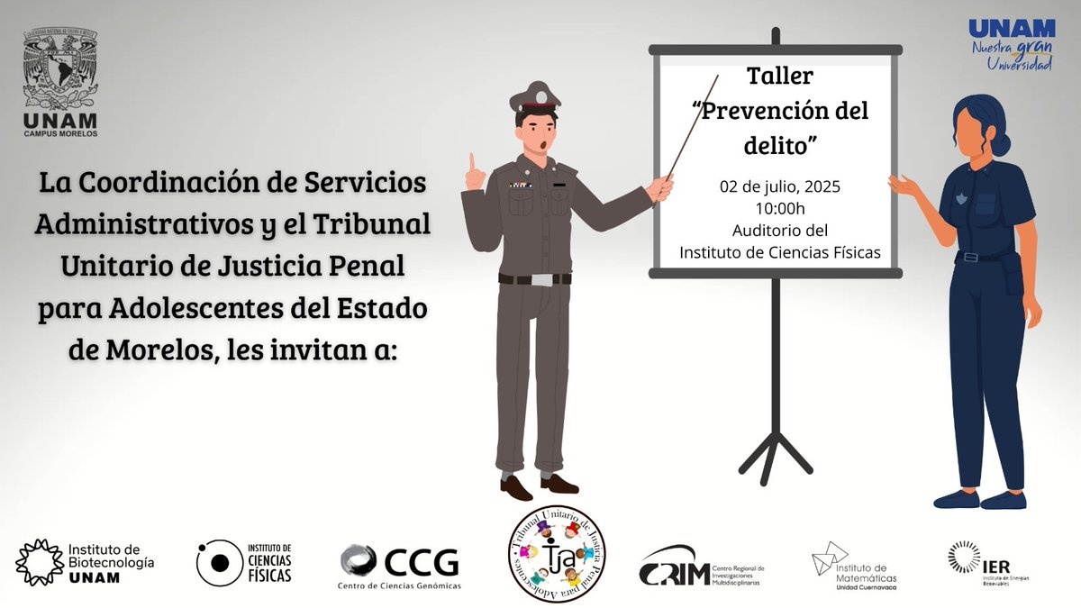 ICF-UNAM (@icf_unam) on Twitter photo La CSA de la <a href="/unammorelos/">UNAM MORELOS</a> en conjunto con el Tribunal Unitario de Justicia Penal para Adolescentes del Estado, nos invitan al taller "Prevención del delito".
Agenda la fecha, ¡no te lo pierdas!
Miércoles 2 de julio, 10 hrs. Auditorio ICF
#UNAM #UNAMMorelos #Cuernavaca La CSA de la <a href="/unammorelos/">UNAM MORELOS</a> en conjunto con el Tribunal Unitario de Justicia Penal para Adolescentes del Estado, nos invitan al taller "Prevención del delito".
Agenda la fecha, ¡no te lo pierdas!
Miércoles 2 de julio, 10 hrs. Auditorio ICF
#UNAM #UNAMMorelos #Cuernavaca