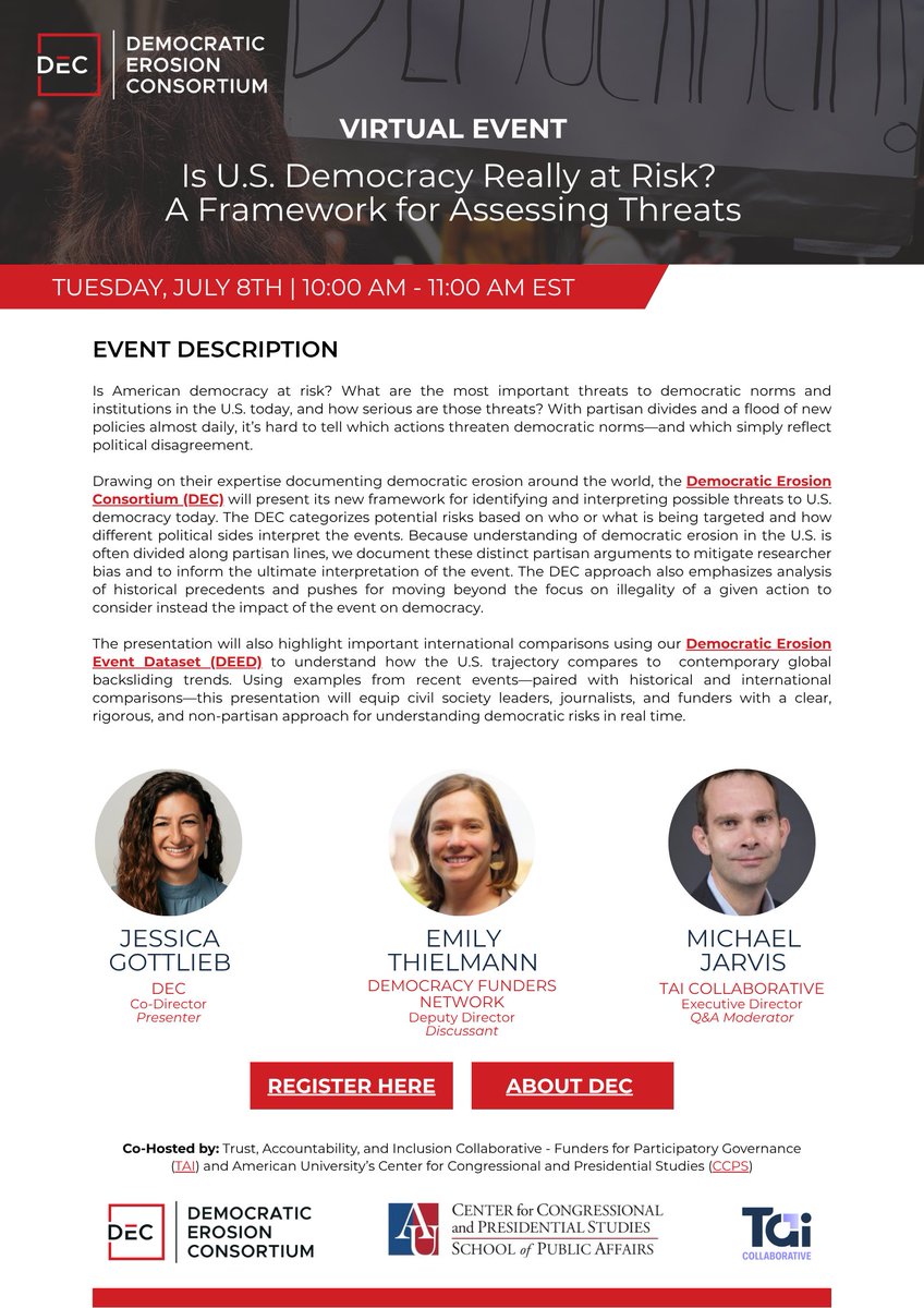 Democratic Erosion Consortium (@demerosiondec) on Twitter photo Is U.S. Democracy Really at Risk? A Framework for Assessing Threats
Join DEC, <a href="/AUCCPS/">AUCCPS</a>, & <a href="/TAICollab/">Trust, Accountability & Inclusion Collaborative</a> on Tue, July 8, 10 am EST for a virtual event presenting our new nonpartisan framework for assessing democratic threats.
Register Here: american-spa.swoogo.com/USDemocracy Is U.S. Democracy Really at Risk? A Framework for Assessing Threats
Join DEC, <a href="/AUCCPS/">AUCCPS</a>, & <a href="/TAICollab/">Trust, Accountability & Inclusion Collaborative</a> on Tue, July 8, 10 am EST for a virtual event presenting our new nonpartisan framework for assessing democratic threats.
Register Here: american-spa.swoogo.com/USDemocracy