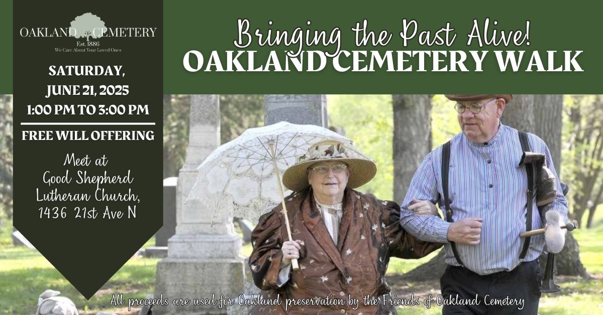 Join the Oakland Cemetery Walk on June 21, 2025, 1-3pm! Experience history with live portrayals, horse-drawn rides, music &amp; more. Free will offering! 🌳

Info: Rick Carle (515) 570-0606. Rain date: June 22.