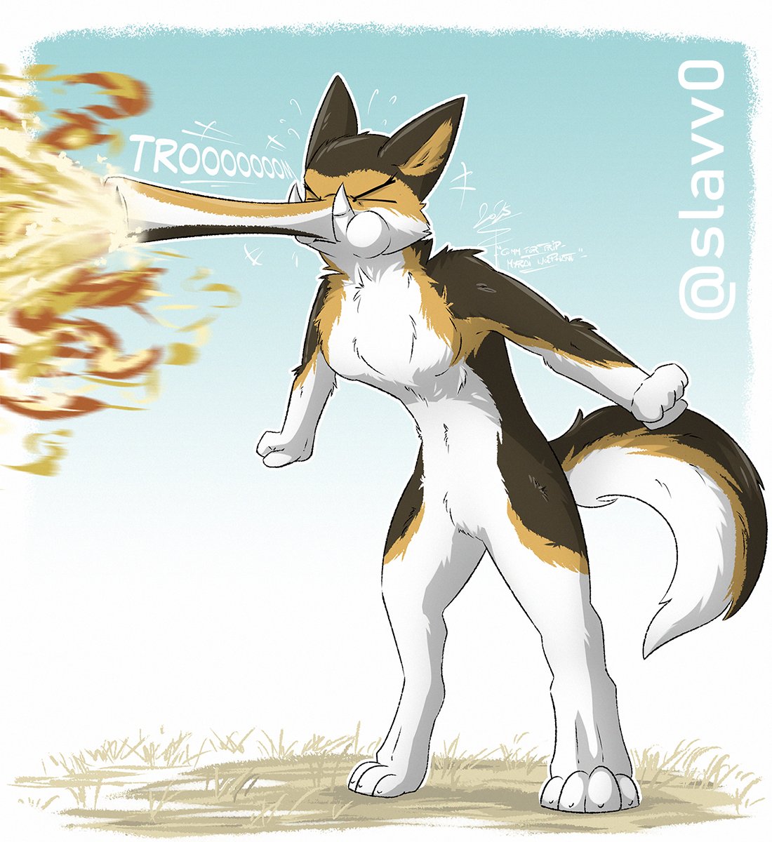 slavv0's tweet image. Commission for Trip (on telegram) of his wolf/elephant hybrid gal Myrai
She's a fire tooter
Twister fire tooter
Thanks a lot, God bless!