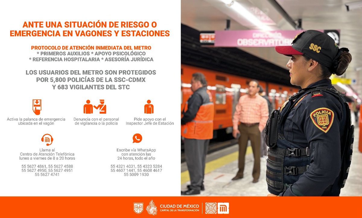 MetroCDMX's tweet photo. El Metro cuenta con un protocolo inmediato de actuación, ante cualquier eventualidad puedes solicitar apoyo. ¡En el Metro, la seguridad la hacemos todos! https://t.co/zqx8uhhtT8